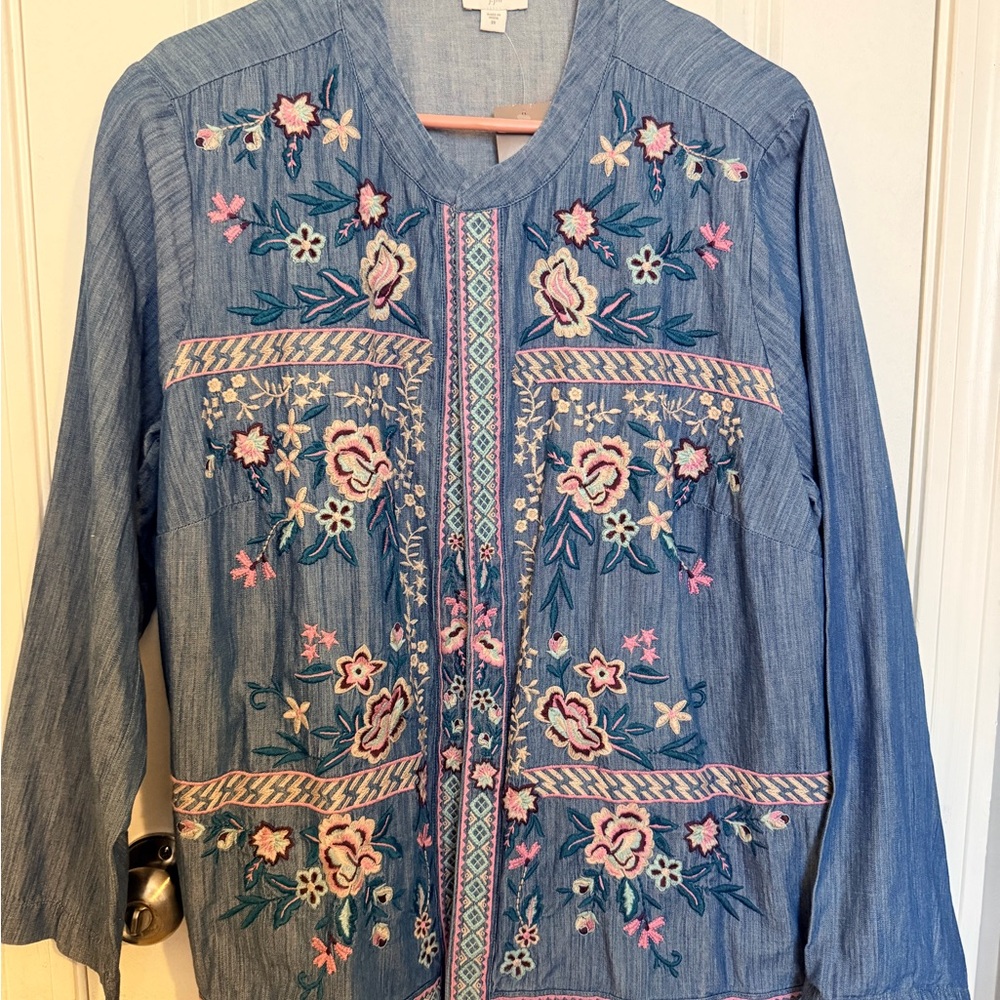 NWT J. Jill Floral Embroidered Open Front Lightweight Chambray Jacket 2XL